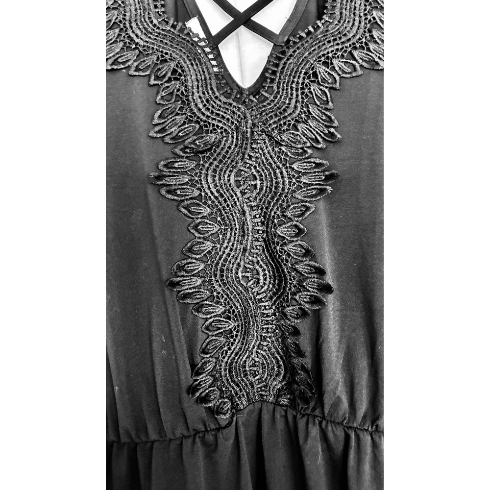 Maurices Black Lace V-Neck Bell Sleeve Strappy Back Peplum Top Boho Goth - Picture 3 of 6
